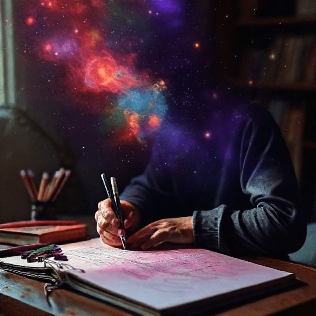 Illustration d’une personne notant les couleurs de son aura dans un carnet.