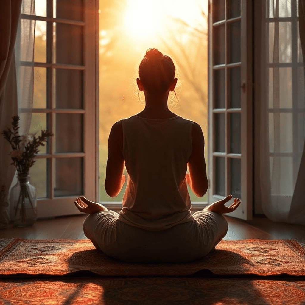 Scène matinale de méditation illustrant une harmonisation douce de l’aura.
