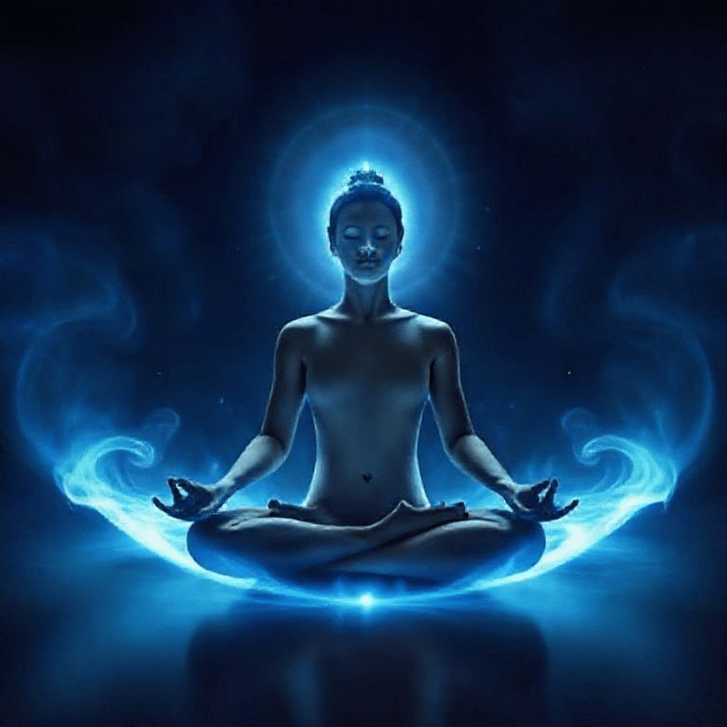 Personne méditant entourée d’un léger halo bleu symbolisant la purification et la perception de l’aura.