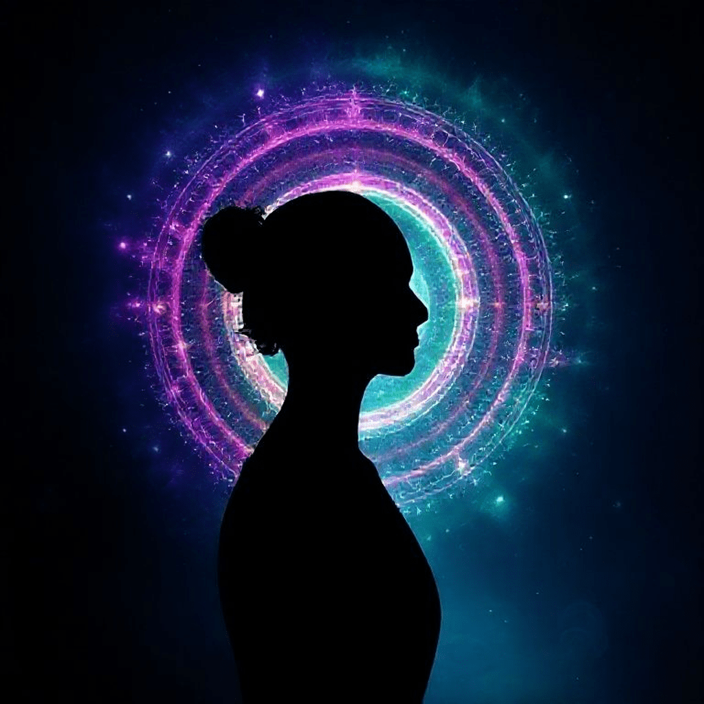 Schéma conceptuel d’une silhouette avec cercles colorés représentant l’aura énergétique selon différentes traditions.