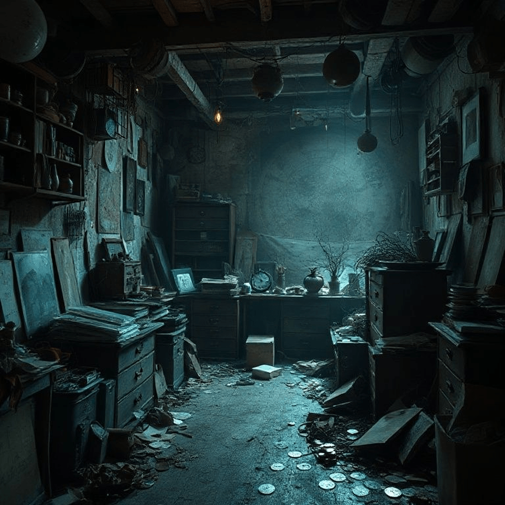 Intérieur sombre encombré d’objets, ambiance pesante symbolisant une atmosphère chargée en énergies négatives