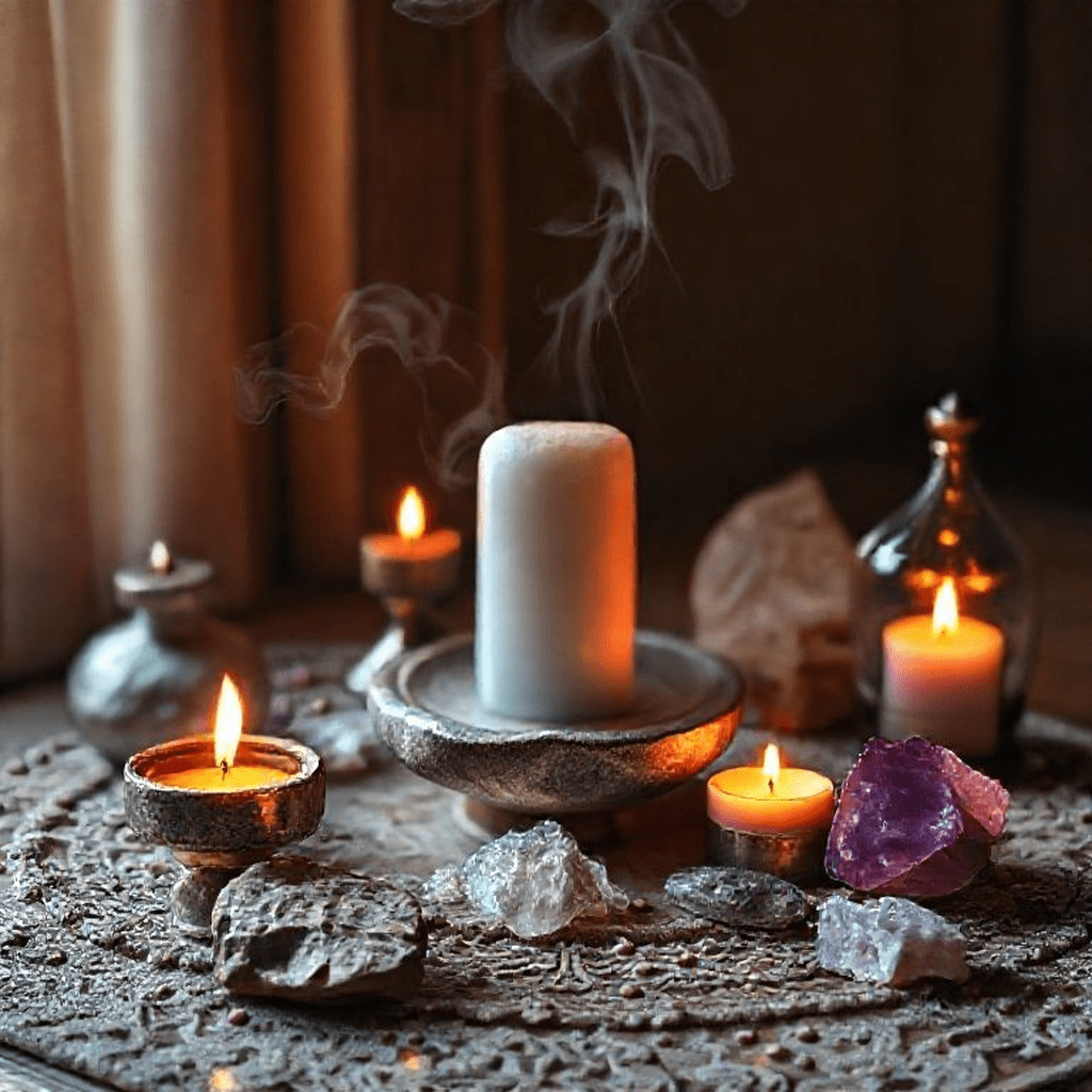 Vue d’un autel avec encens, cristaux et bougie allumée pour rituels de purification énergétique