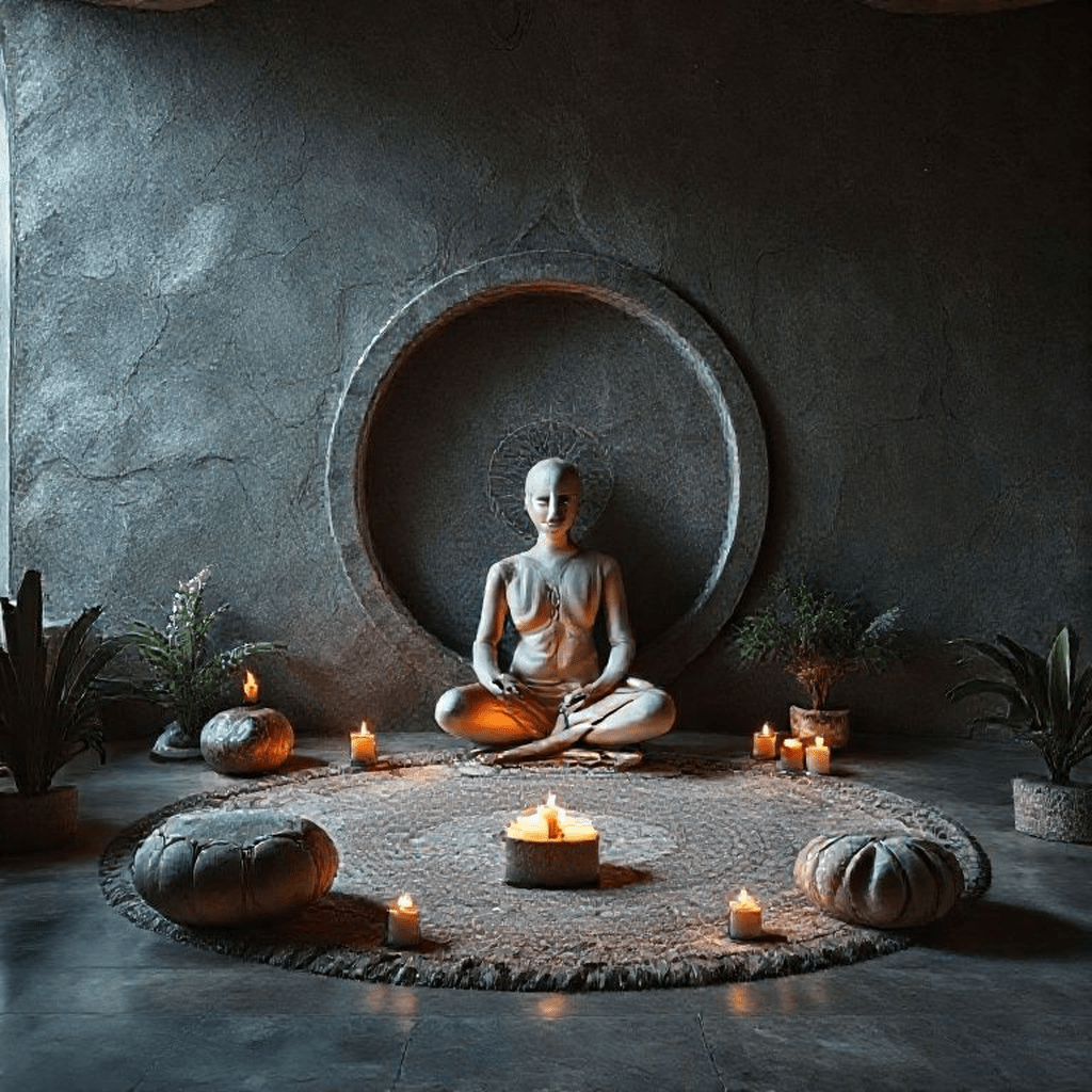 Espace de méditation apaisant avec coussins, bougies et encens prêt pour la pratique