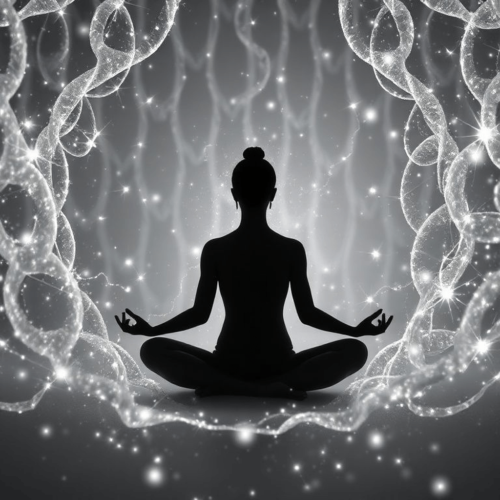 Une silhouette méditant entourée de chaînes mentales invisibles symbolisant blocages intérieurs entravant la manifestation