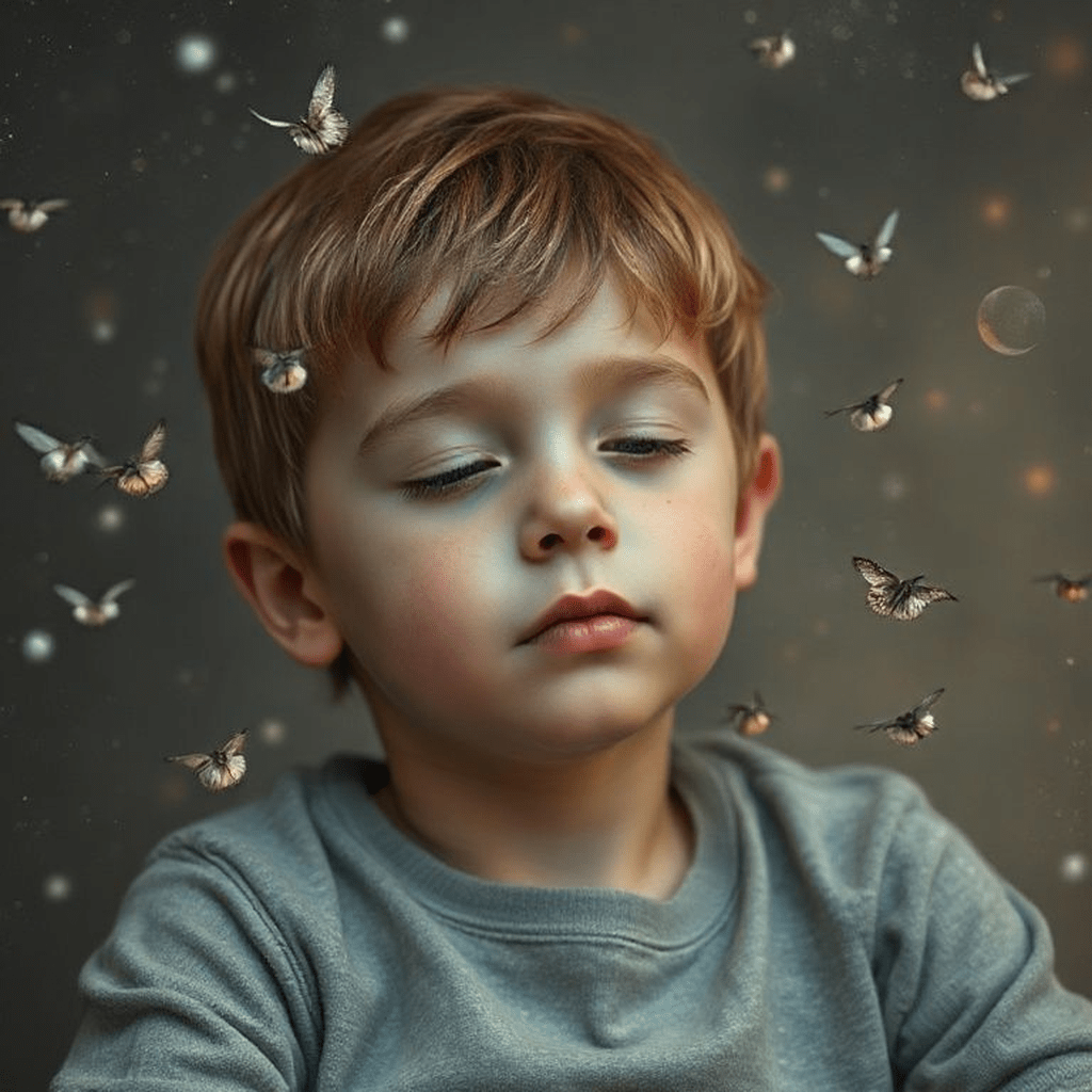Un enfant entouré de mots symbolisant des croyances limitantes formant une barrière mentale