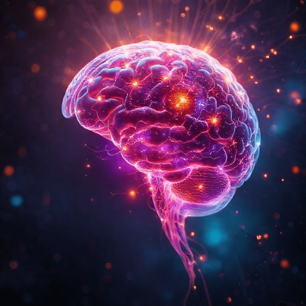 Cerveau humain en transparence avec circuits neuronaux illuminés par couleurs émotionnelles et sphères énergétiques vibrantes