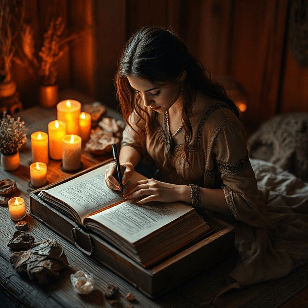 Personne écrivant dans un journal entourée de cristaux, bougies, préparant une méditation guidée axée émotions