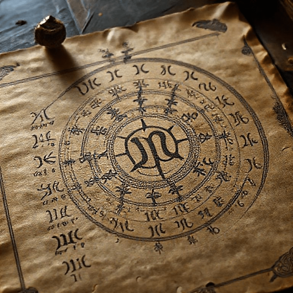 Une main tenant un ancien manuscrit numérologique avec chiffres calligraphiés sur fond mystérieux