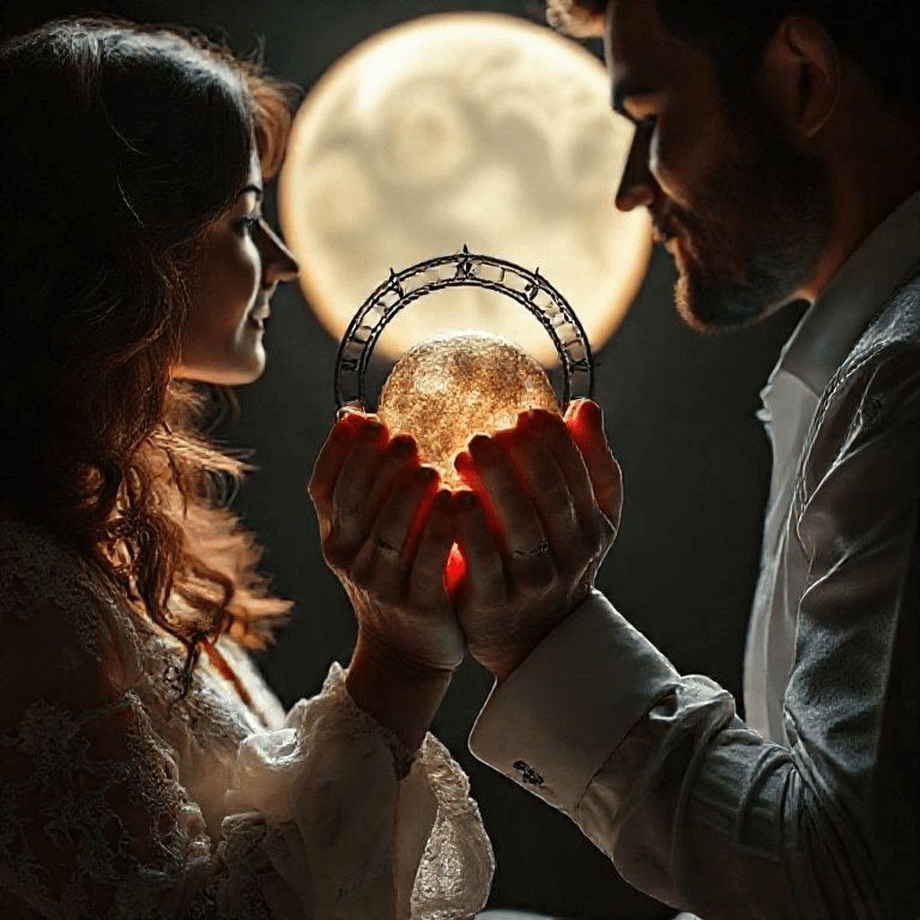 Couple tenant une boussole astrologique pour s’orienter ensemble, symbolisant l’alignement et l’harmonisation des énergies d’ascendant