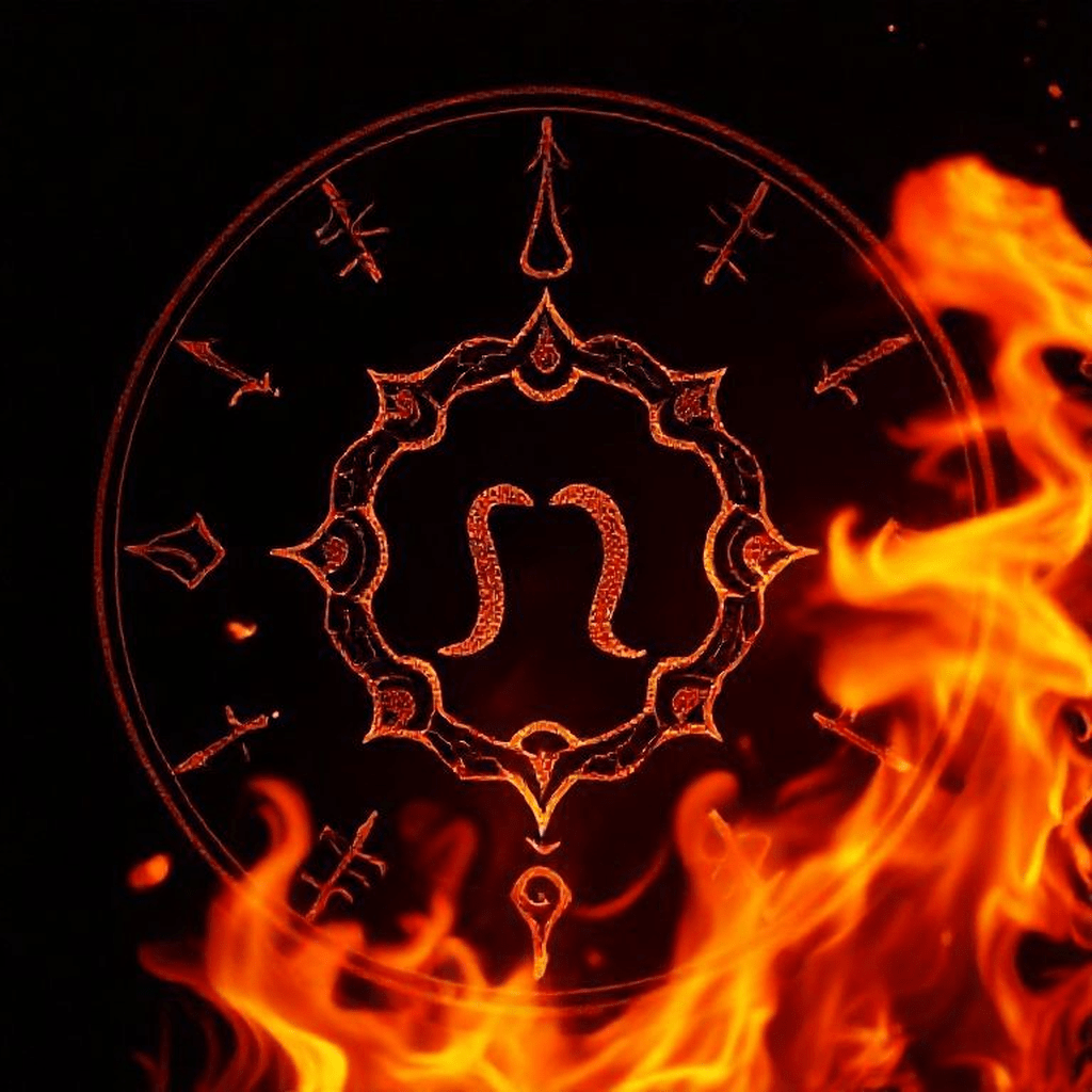 Flammes stylisées mêlées à glyphes astrologiques de Feu, évoquant la passion et l’intensité des ascendants Bélier, Lion et Sagittaire en amour