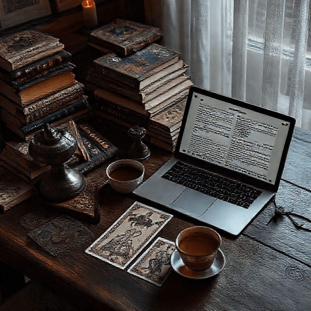 Pile de livres ésotériques, ordinateur portable ouvert sur un blog Tarot, thé à côté