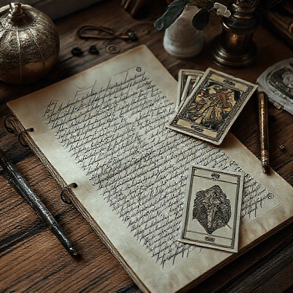 Personne écrivant dans un carnet à côté de cartes de Tarot, ambiance créative