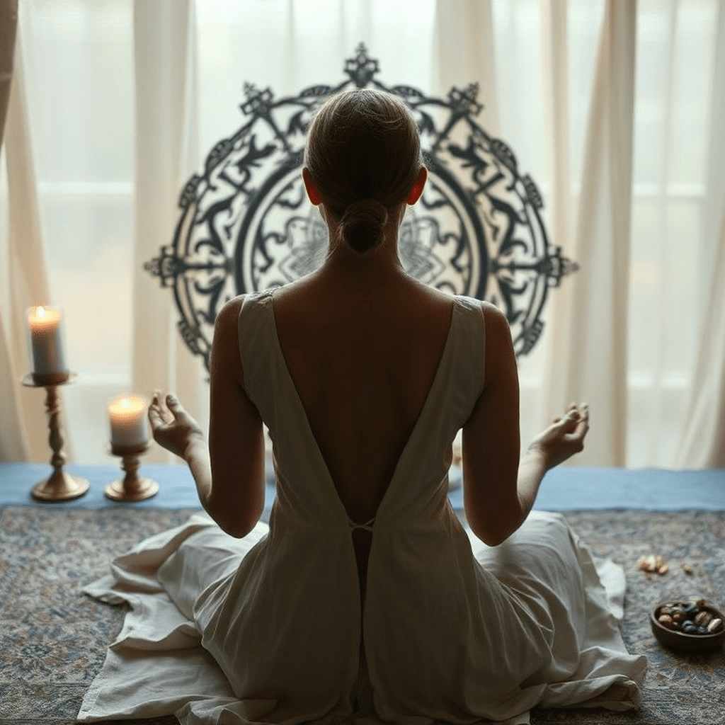 Personne en tailleur méditant devant un jeu de Tarot, mains jointes, ambiance sereine, lumière douce