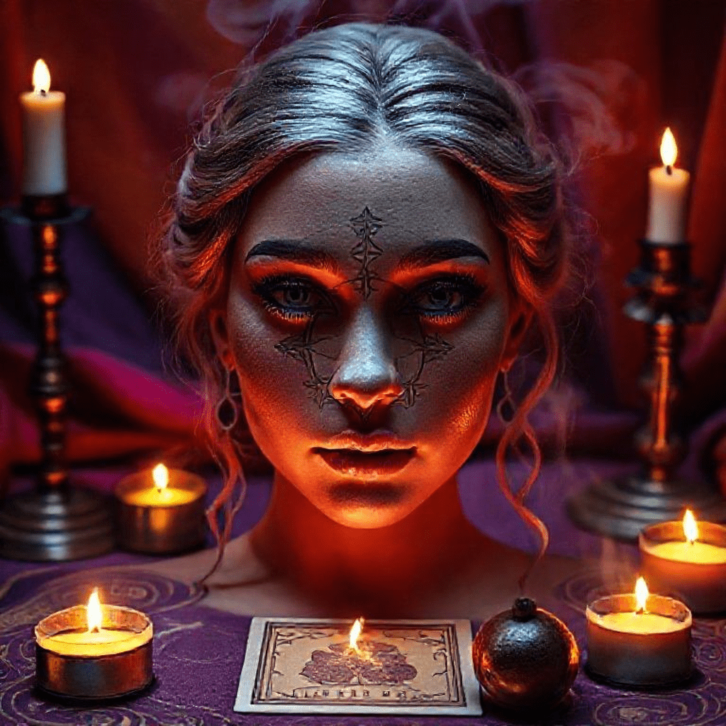 Autel pour tirage de Tarot avec bougies, encens et tissus colorés disposés harmonieusement