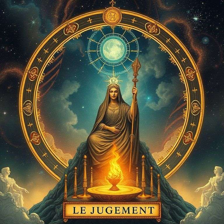 carte du jugement du tarot avec symboles d'appel intérieur