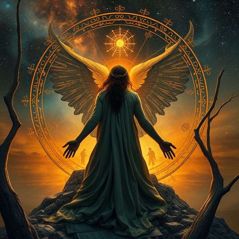 carte du pendu du tarot avec symboles de réflexion et de patience