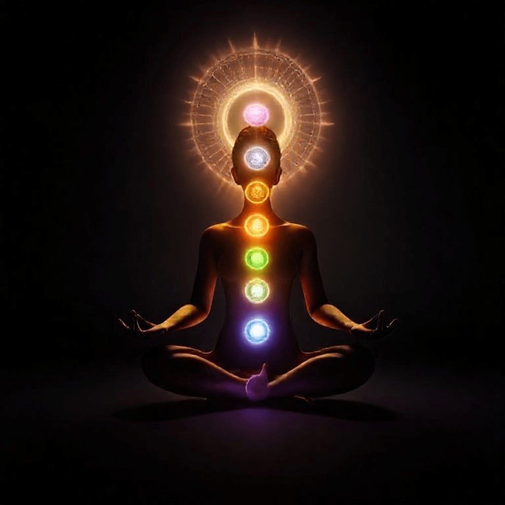 Personne méditant avec visualisation des chakras colorés et lumière douce et apaisante.