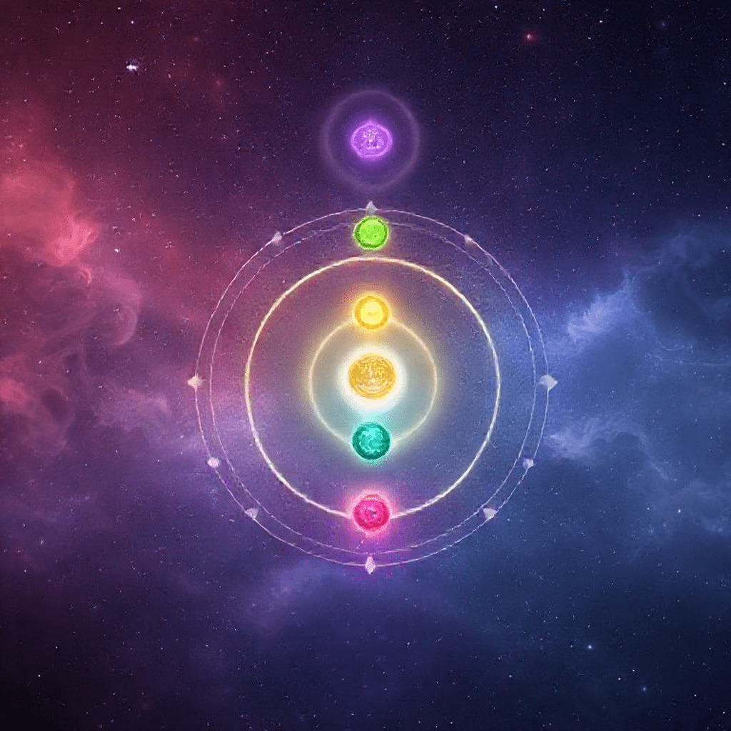 Représentation colorée des sept chakras alignés du bas vers le haut selon la tradition.