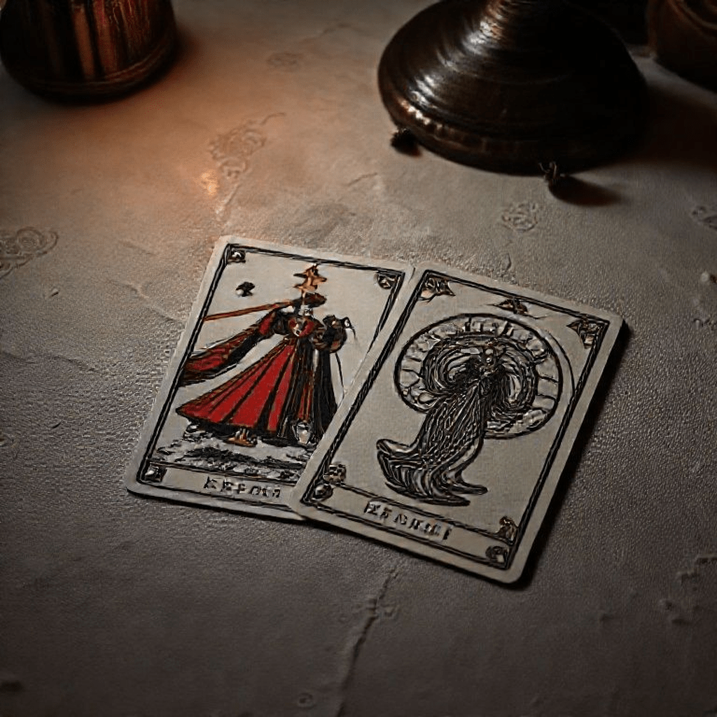 Jeu de tarot avec carte de la Tour et Arcane sans nom, symboles de vérités brutales