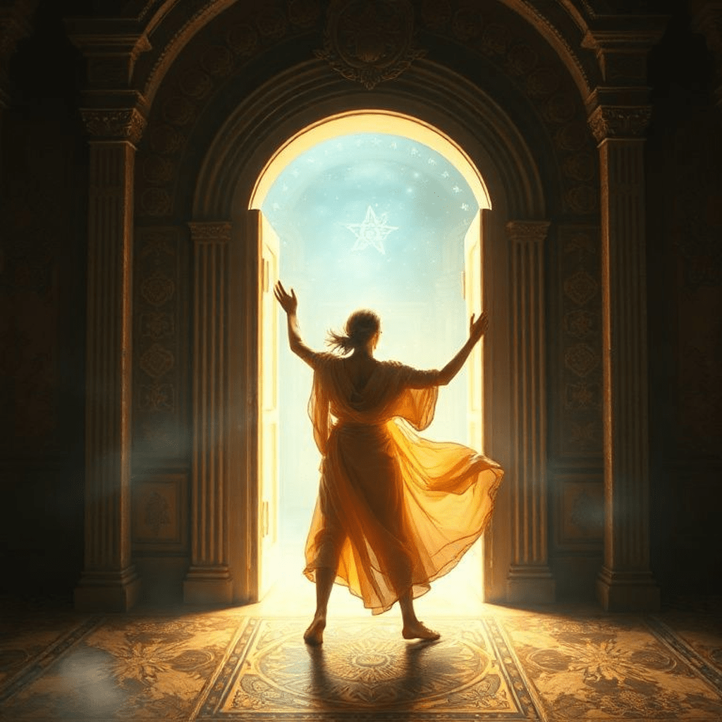 Main ouvrant une porte symbolique devant des cartes de tarot, image de transformation positive