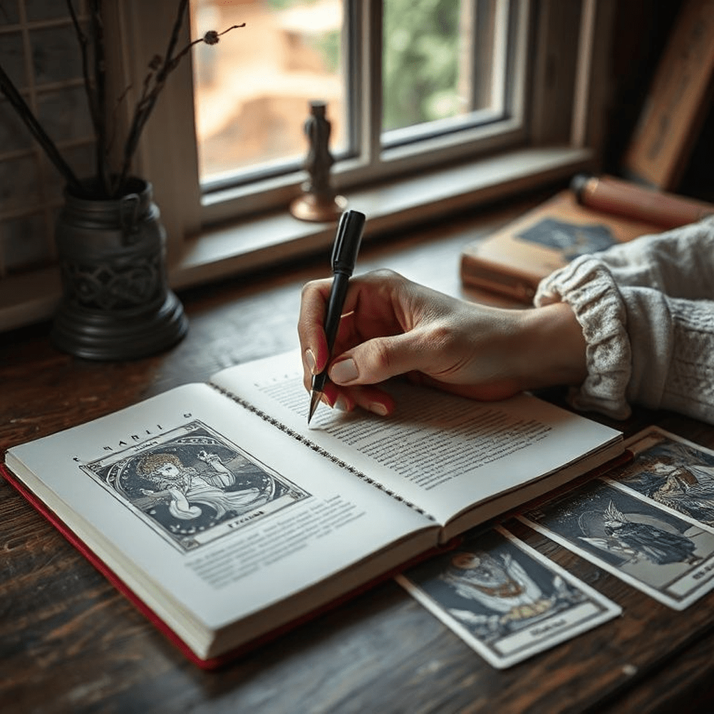 Mains écrivant dans un journal près de cartes de tarot, symbolisant intégration quotidienne