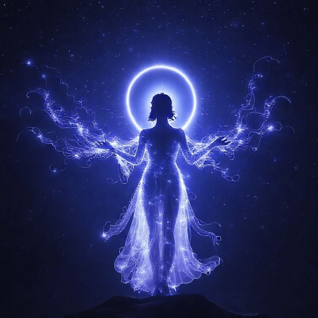 Représentation d’une silhouette entourée d’aura lumineuse connectée à un cosmos étoilé