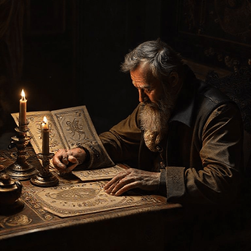 Astrologue pensif examine des cartes célestes criblées de glyphes mystérieux, évoquant des secrets méconnus intrigants.