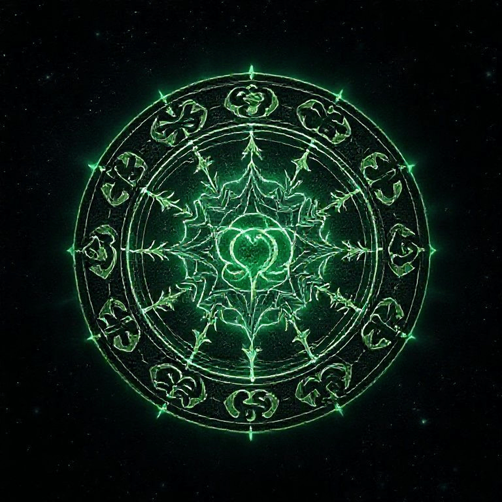 Un cercle de symboles astrologiques représentant l’ascendant entouré d’une aura énergétique calme et sereine