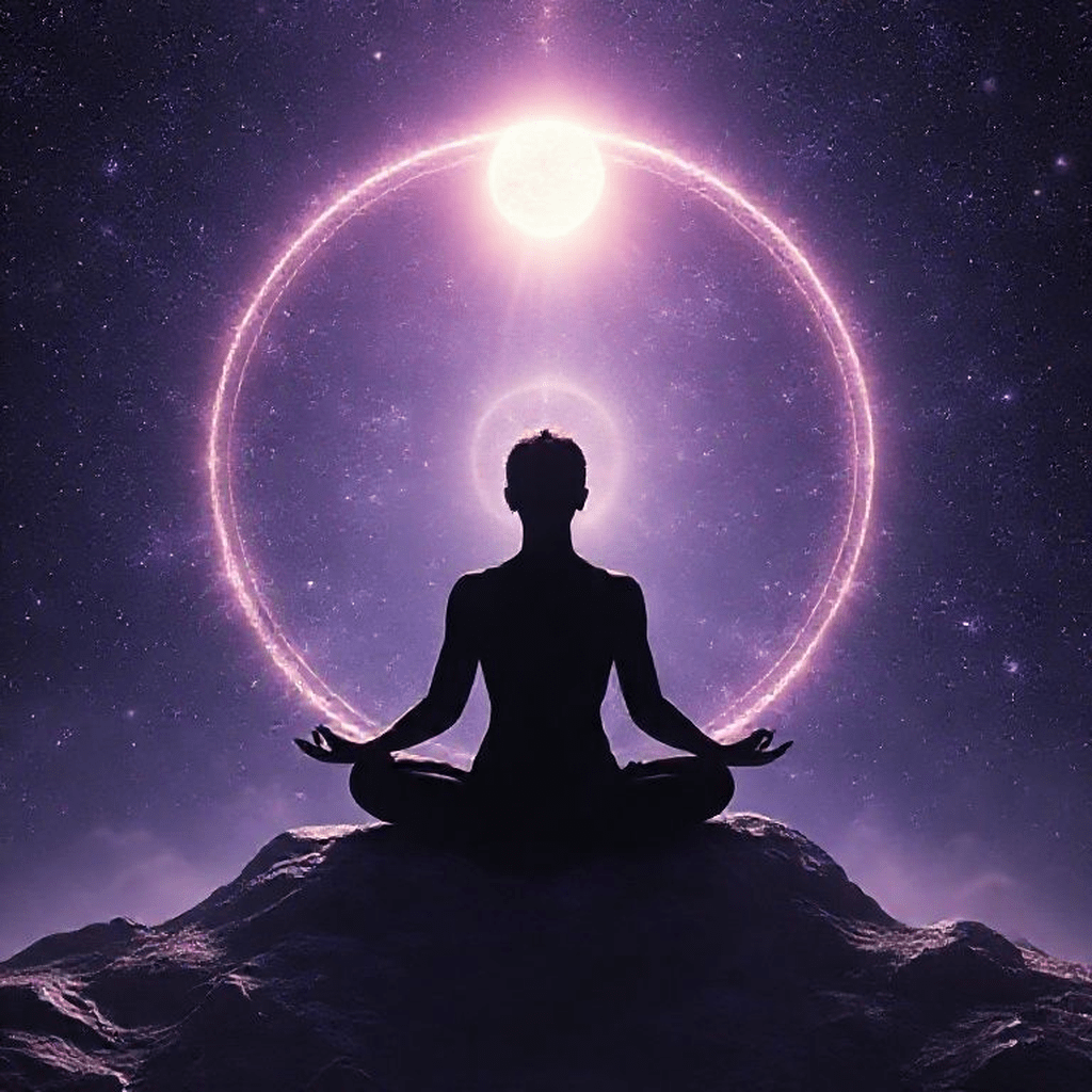 Silhouette en méditation entourée d’une aura cosmique symbolisant l’évolution guidée par l’ascendant