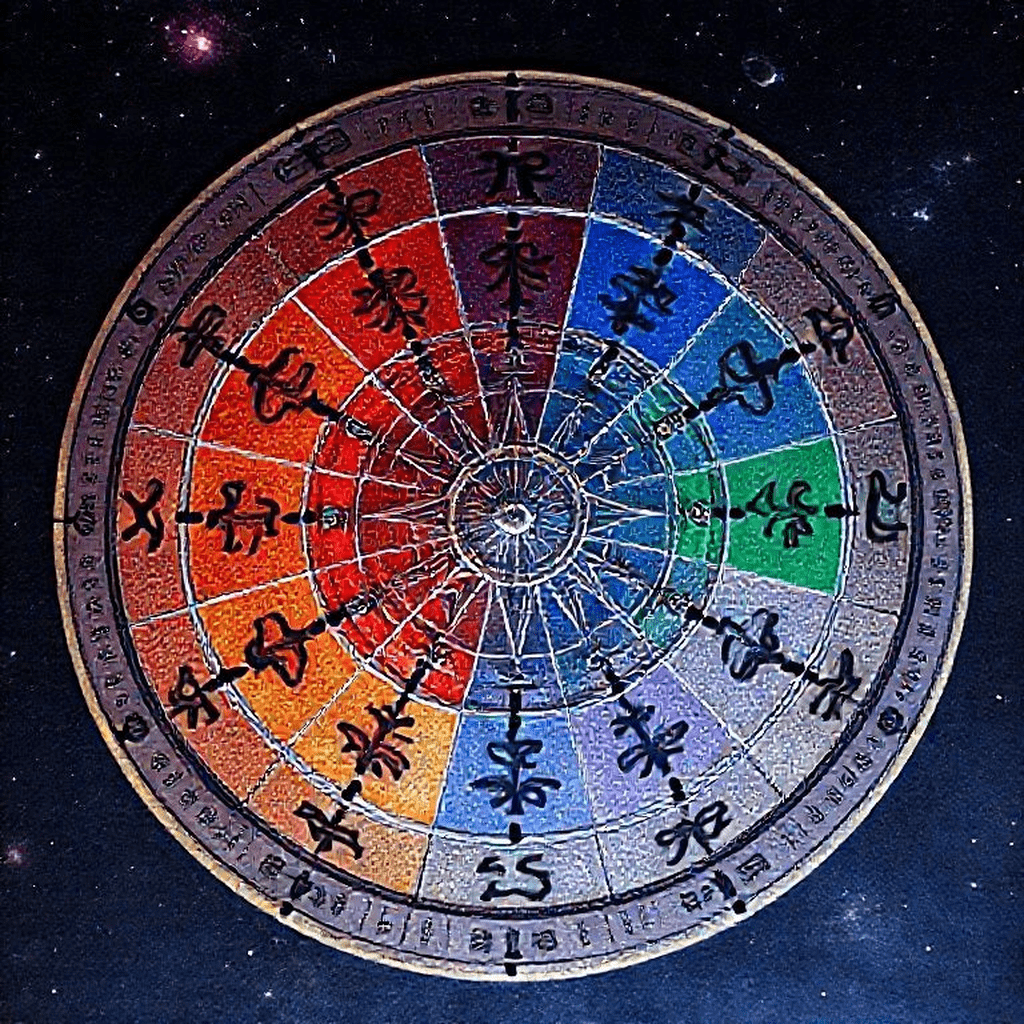 Carte astrologique colorée illustrant les douze ascendants et leur impact karmique