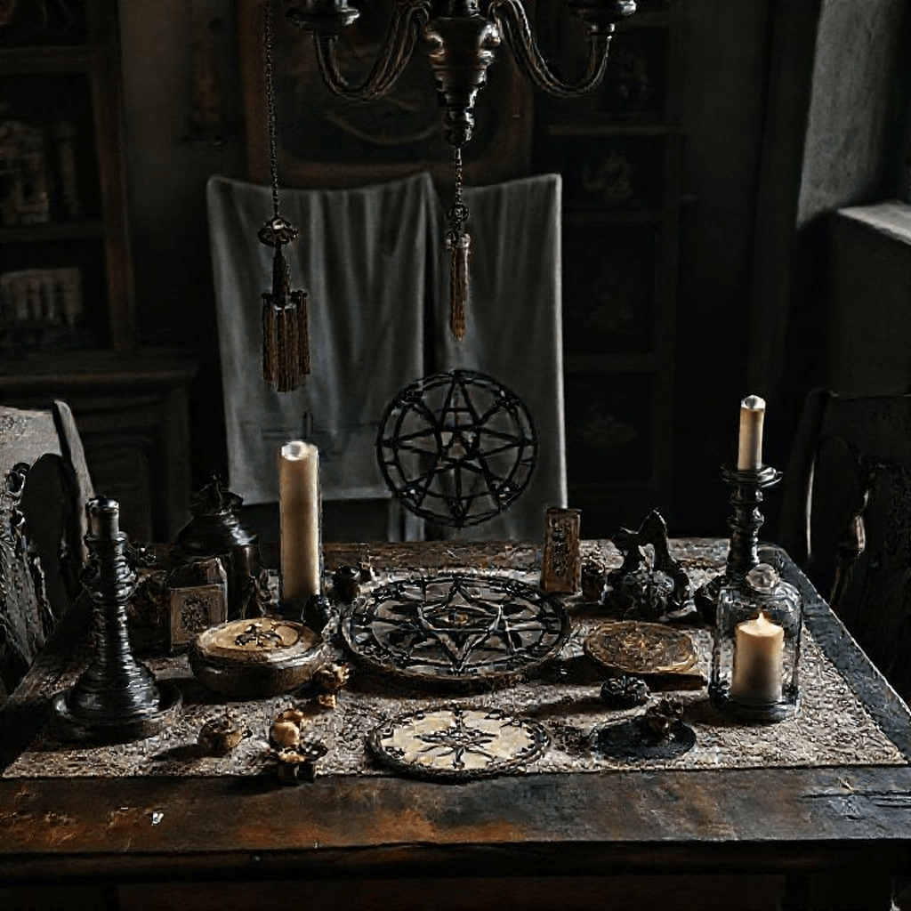 Collection d’amulette, talisman et dessin de cercle de protection gravé sur parchemin.