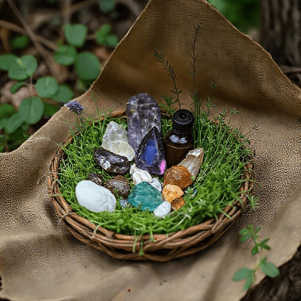 Dispositif d’herbes séchées, cristaux et huiles essentielles disposés pour un rituel de protection énergétique