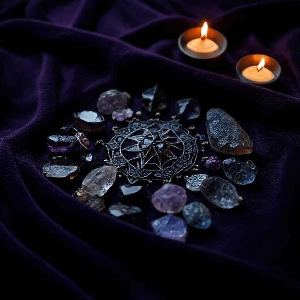 Différents cristaux et talismans posés sur un tissu sombre illustrant la protection spirituelle contre l’obscurité