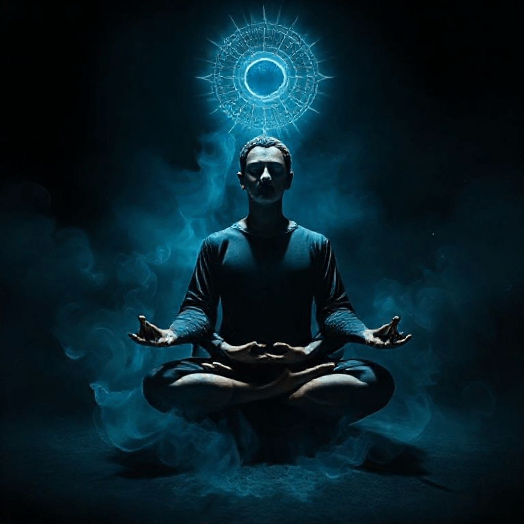 Personne méditant, entourée d’un halo énergétique bleu formant un bouclier mental contre les énergies sombres