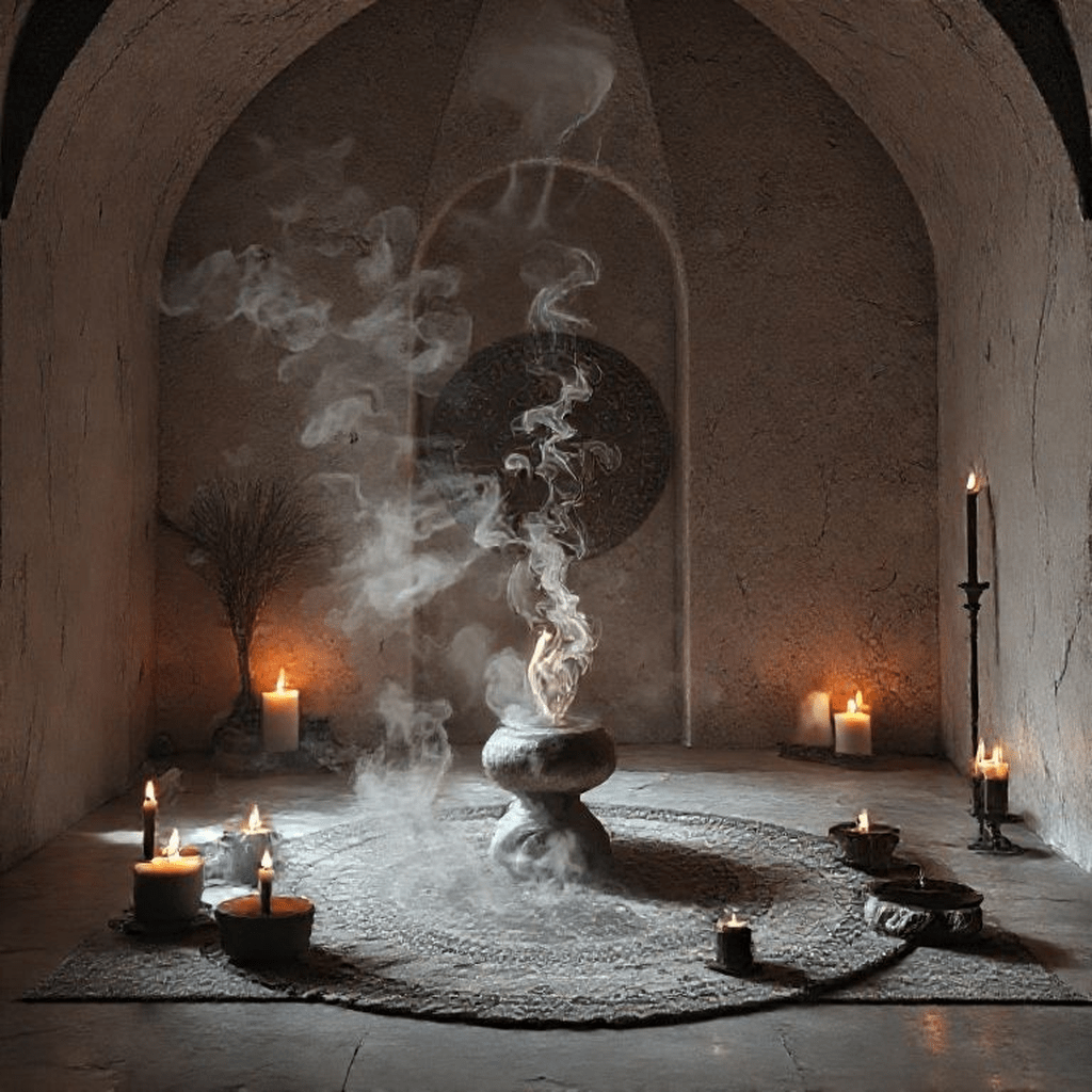 Pièce purifiée par fumigation et vibrations sonores illustrant l’élévation d’une barrière énergétique sacrée