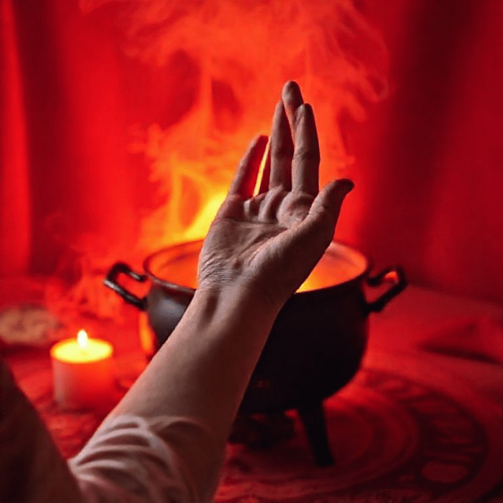 Main tendue vers un chaudron fumant de lumière rouge, évoquant à la fois la fin du rituel et l’engagement éthique envers le consentement.
