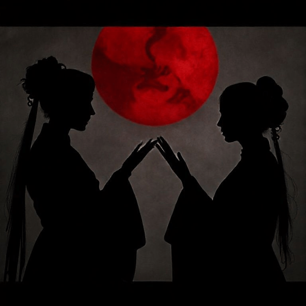 Deux silhouettes en ombres chinoises se faisant face, symbolisant la communication et le respect des limites mutuelles lors d’un rituel de magie rouge.