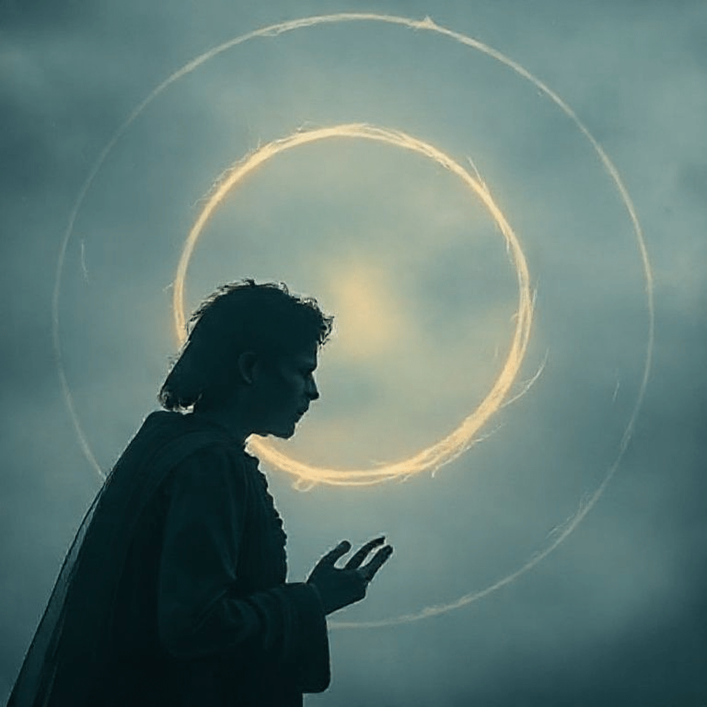 Personne seule réfléchissant devant un cercle magique tracé au sol, évoquant doute et questionnement avant rituel rouge.