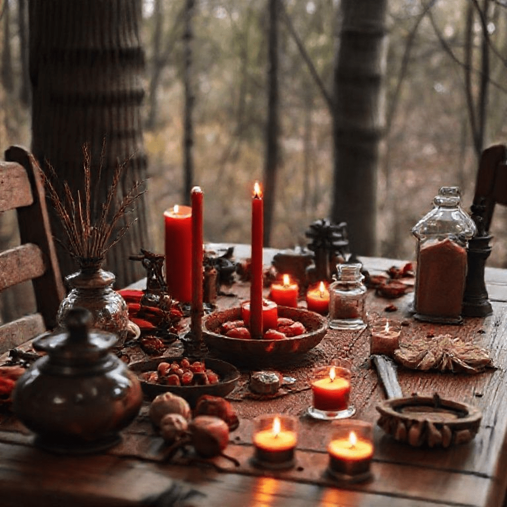 Divers objets rituels disposés sur une table en bois : bougies rouges, encens allumé, cristaux et parchemins, prêt pour un rituel de magie rouge sécurisé.