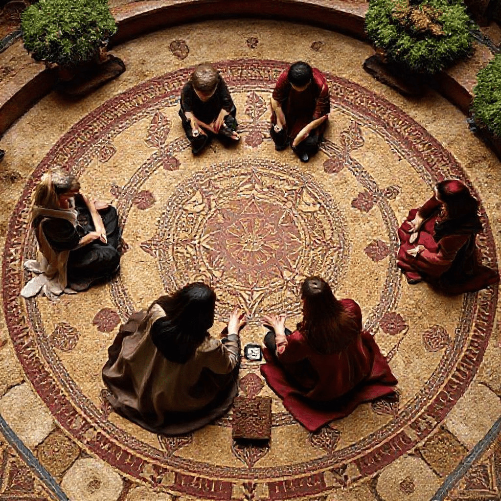 Participants en cercle, mains jointes ou parlant sereinement, illustrant un rituel de communication et d’accord mutuel avant une magie rouge respectueuse.