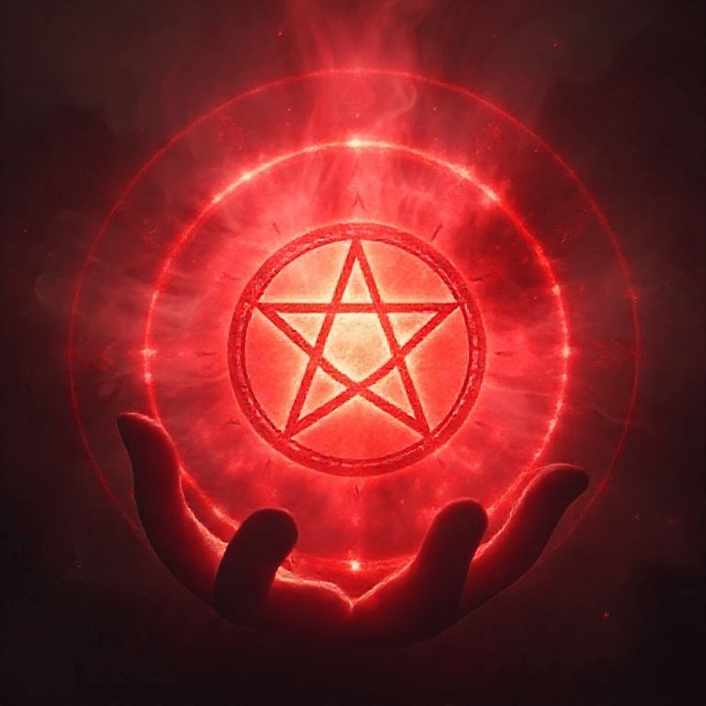 Illustration d’un symbole astrologique rouge étincelant, suggérant le pouvoir mystique et le besoin de responsabilité éthique dans la magie rouge.