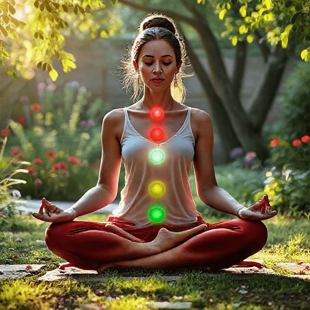 Femme méditant entourée d une aura rouge, chakra racine ancré dans un jardin calme