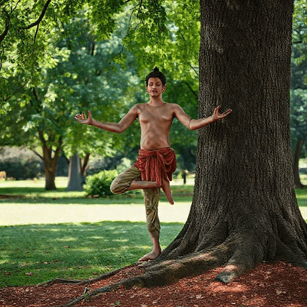 Personne en posture de yoga arbre, renforçant le chakra racine dans un parc ensoleillé