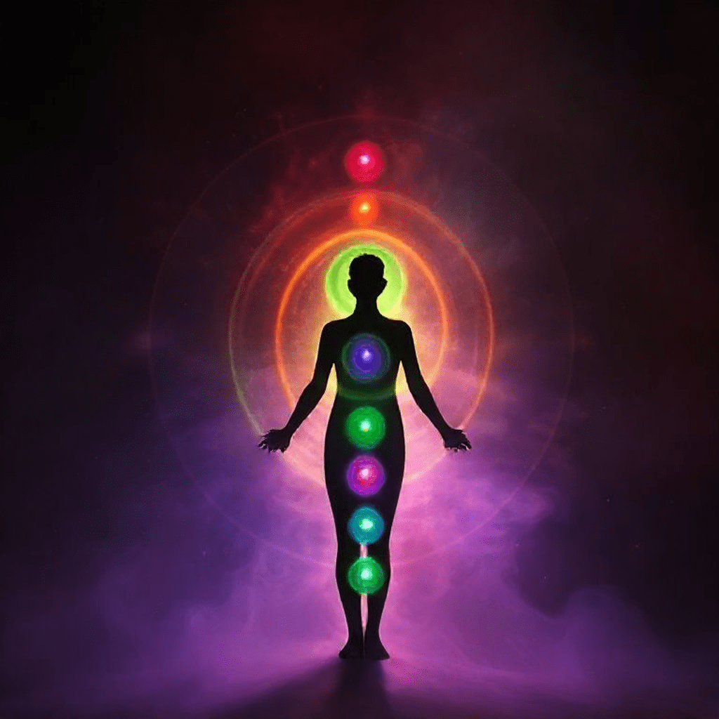 Nuage aurique multicolore formant un arc-en-ciel de chakras en suspension, symbolique des diverses énergies