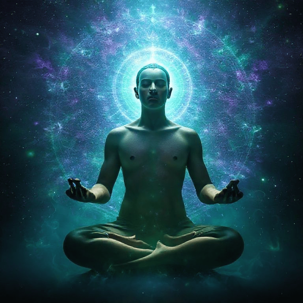 Personne méditant en silence entourée d’ondulations colorées symboliques d’une aura active et vibrante