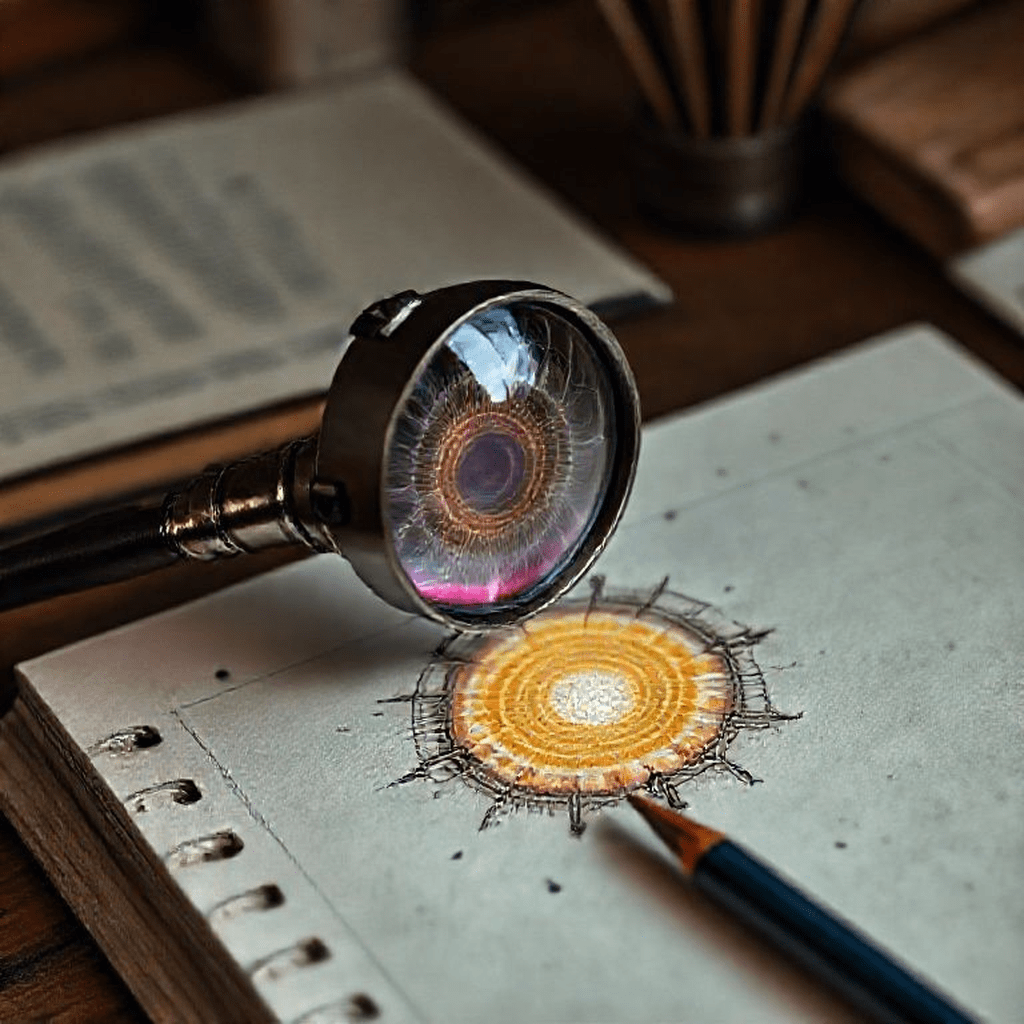 Loupe examinant des croquis d’auras dessinés sur papier, évoquant l’analyse critique et le scepticisme