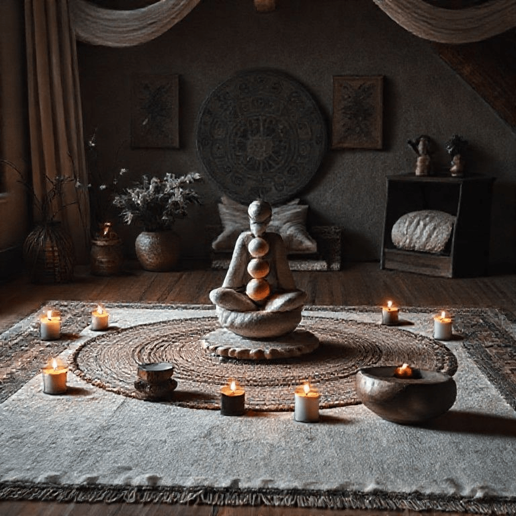 Coin méditation avec tapis de sol, bol tibétain chantant, bougies parfumées et fumée d’encens délicate