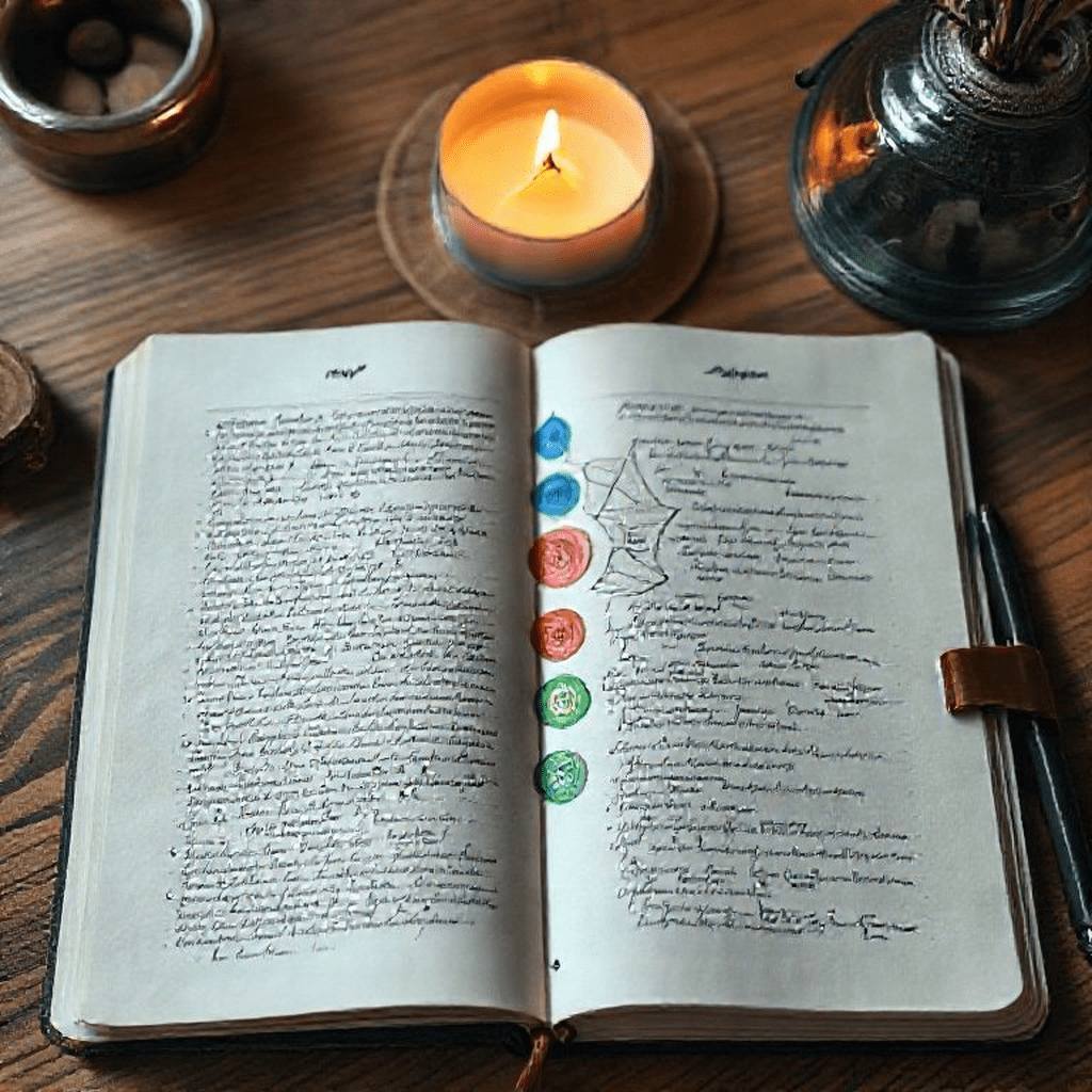 Journal ouvert annoté des chakras, stylo posé à côté, ambiance calme et lumière naturelle tamisée