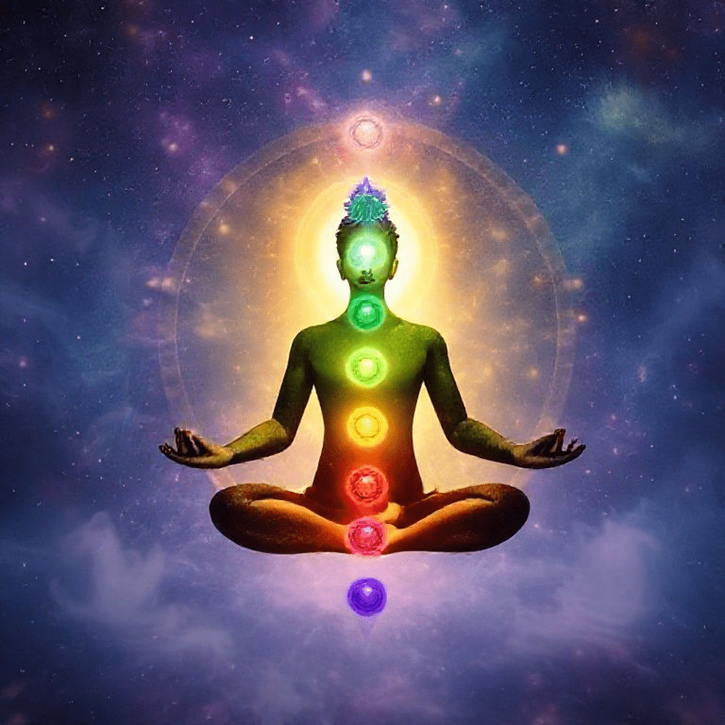 Gros plan d’une main en mudra, arrière-plan coloré du chakra ciblé, lumière douce ambiance méditative