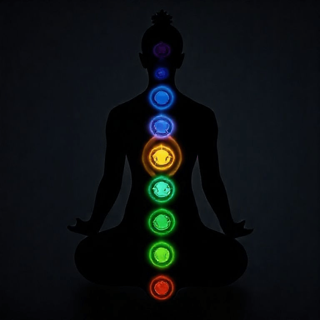 Profil de corps humain avec sept chakras alignés en couleurs distinctes, position anatomique clairement visible